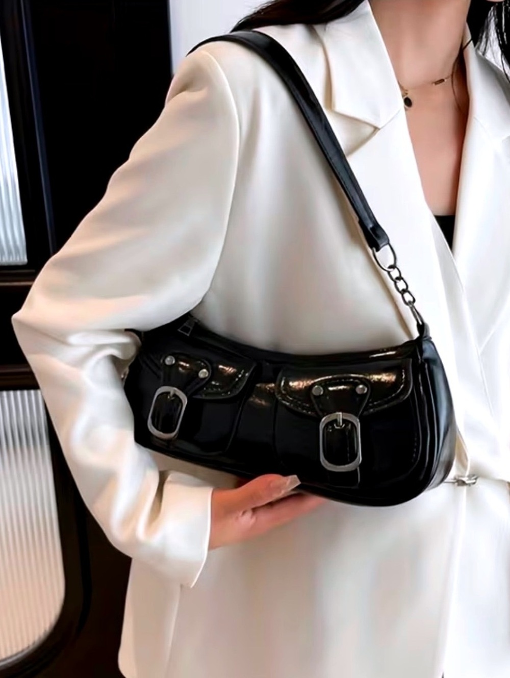 New -Sleek & Stylish -Faux Leather Shoulder Bag -Black